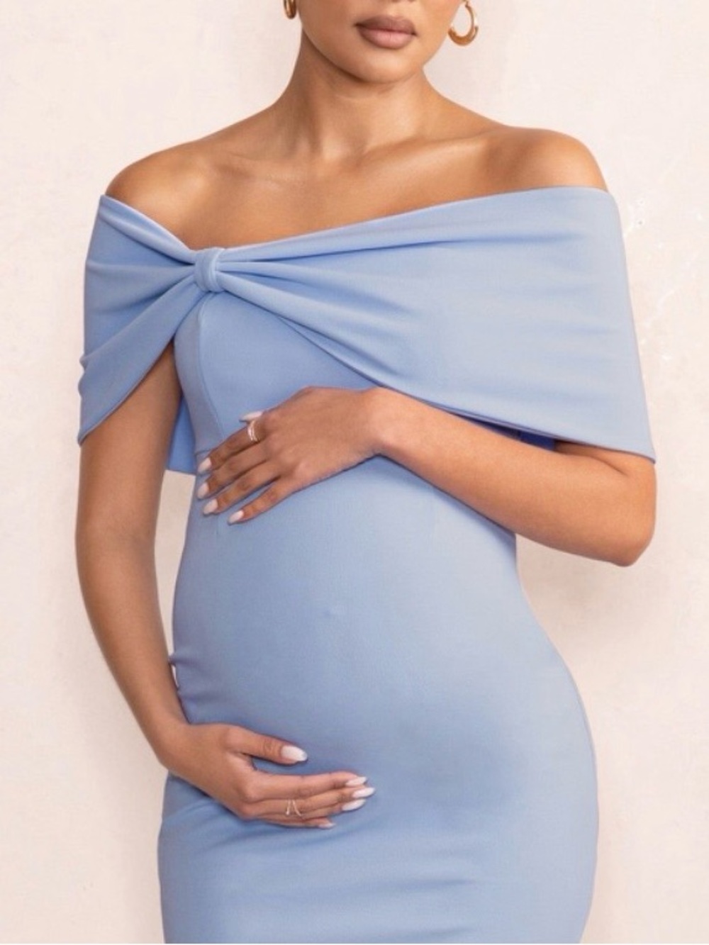 Club L London Powder Blue Alyssa Bardot Bow Maternity Midi Dress With Ruching 12 - Picture 4 of 16